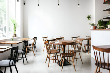 Interior Cafe Business Seating Area, Empty Wall Mockup In White Room With Serving Tables And Chairs, 3d Render Real Room Template