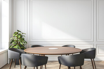 Interior Home Dining Room, Empty Wall Mockup In White Room With Dinning Table And Chairs, 3d Render Real Room Template