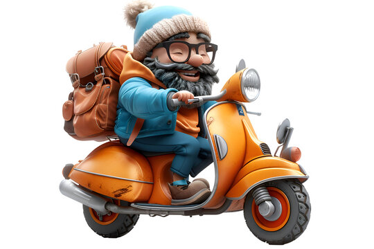 An adorable 3D cartoon render of a smiling character riding a motor scooter.