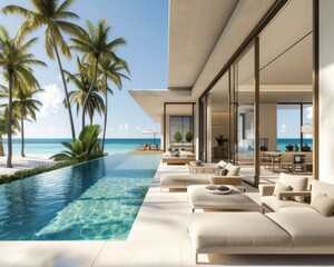 Fototapeta premium A pool and lounge chairs by the ocean next to a house. Generative AI.