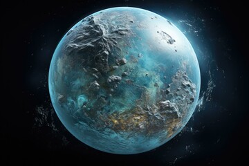 A blue planet with a large crater on it. Generative AI.