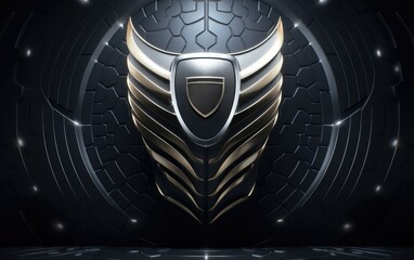 A futuristic shield with gold and black design. Generative AI.