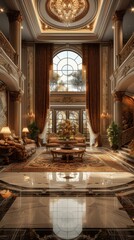 A fancy living room with a chandelier and marble floors. Generative AI.