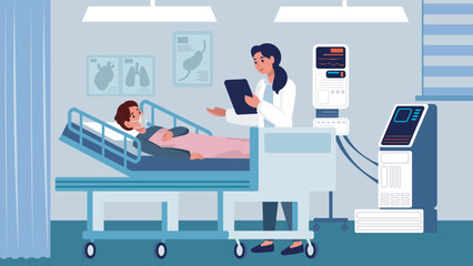 A female doctor in a white coat visits a patient resting in a hospital bed to listen to the patient's concerns. Medical clinic room with doctor and patient. Medicine, disease concept. - obrazy, fototapety, plakaty