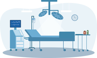 Vector illustration of well-equipped hospital operation room interior with advanced medical equipment.  Patient bed, Intensive care, anesthesia, surgery. 