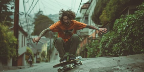 A man riding a skateboard down the side of an alley. Generative AI.