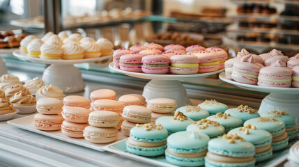 Soft pastel colored macarons and delicate pastries