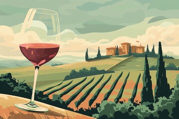 Vibrant Tuscan Vineyard with Red Wine Glass - An Exquisite Choice for Travel and Wine Connoisseur Magazines - obrazy, fototapety, plakaty