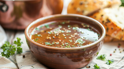 A detailed shot of a bowl of soup with a slice of bread placed in the background.