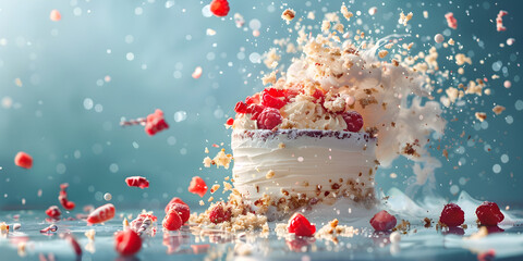 An exploding cake for April Fool's Day with a banner - obrazy, fototapety, plakaty