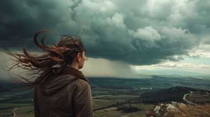 A woman stands on the edge of a cliff her hair whipping around her face as she watches ominous storm clouds roll in. She braces herself against the gusts determined to document - obrazy, fototapety, plakaty