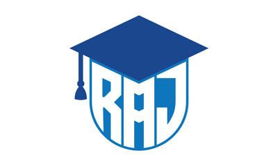 RAJ initial letter academic logo design vector template. school college logo, university logo, graduation cap logo, institute logo, educational logo, library logo, teaching logo, book shop, varsity - obrazy, fototapety, plakaty