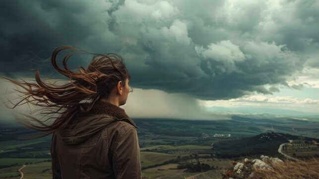 A woman stands on the edge of a cliff her hair whipping around her face as she watches ominous storm clouds roll in. She braces herself against the gusts determined to document