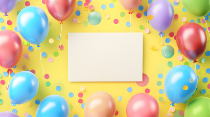 Colorful Balloons Surrounding a Blank White Card on a Festive Yellow Background