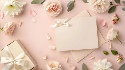 Elegant Wedding Invitation and Gift Box Surrounded by White and Pink Flowers