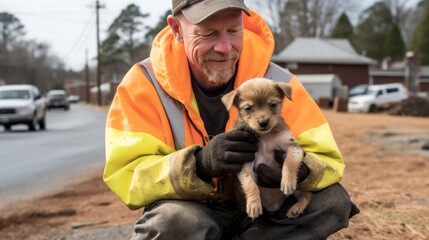 Man volunteer and her ward puppy from the shelter, care concept, banner