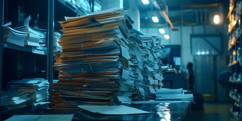 Pile of unsolved case files representing backlog delay in legal system due to inefficiencies in technology. Concept Backlog Delay in Legal System, Unsolved Case Files, Inefficiencies in Technology