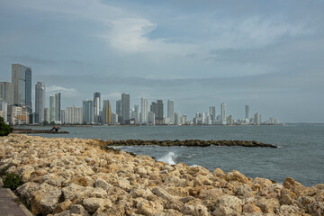 Cartagena, Colombia - July 25, 2023: Seen from where Calle 33 meets Avenida Santander, breakwater...