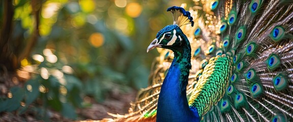 Tropical Beauty Vibrant Peacock Strutting Through Dense Jungle - obrazy, fototapety, plakaty