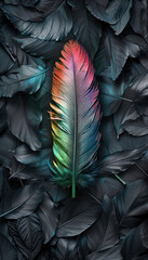 vibrant feather on dark foliage