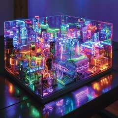 A 3D model of a tech city with intricate neon lighting, reflecting advanced urban planning and futuristic design