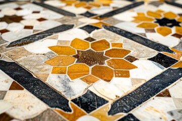 A closeup of an intricate geometric pattern with hexagons and flowers, composed in shades symbolizes beauty and luxury, reflecting ancient Persian architecture Generative AI