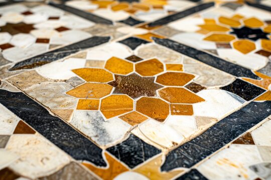 A closeup of an intricate geometric pattern with hexagons and flowers, composed in shades symbolizes beauty and luxury, reflecting ancient Persian architecture Generative AI