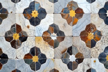 A decorative pattern with an intricate geometric design, featuring hexagons and flowers on the surface of the marble floor tiles Generative AI