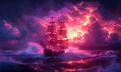 sailing pirate ship amidst stormy cosmic seas - obrazy, fototapety, plakaty