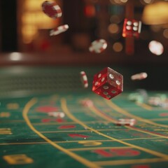 Red dice in mid-air, captured in a dynamic freeze frame as they tumble across a casino table, with a sense of motion and chance