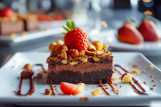 Close-Up Piece Of Decadent Brownie Topped With Nutella, Hazel Nuts And Strawberries On Plate In Restaurant Interior, Dessert Food Photography, Dessert Menu Style Photo Image
