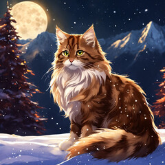 Spotted Siberian Cat The Wizard of the Snowy Mountaintop - Fantasy Anime 90s Style, Moonlit Night
