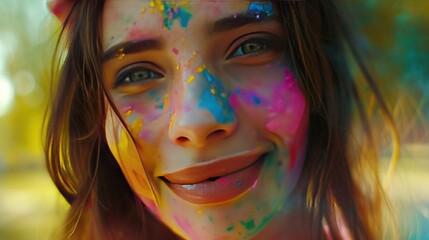 Wonderful Young energetic woman at the Holi color festival of paints in park. Having fun outdoors. Multicolored powder colors the face. Closeup portrait, people. Copy Space.