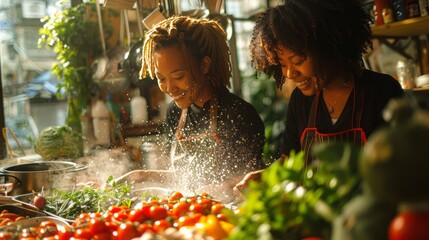 Two women preparing whole foods in kitchen with fresh vegetables