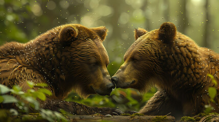 Obraz premium Two brown bears are captured in this image.
