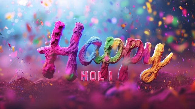 write image of the word " Happy HOLI" with crusive theme background