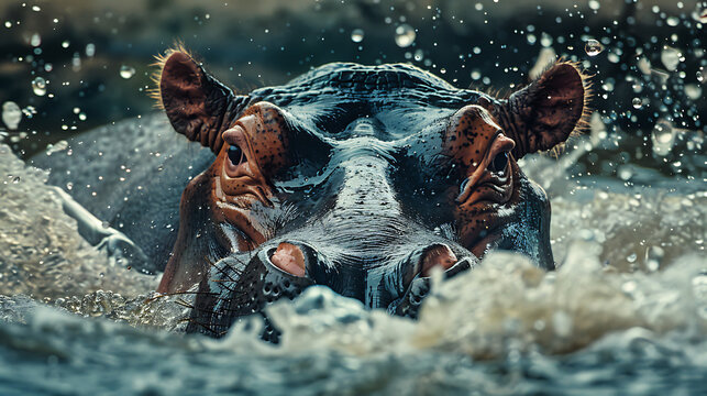 This captivating image showcases a hippopotamus in its natural habitat.