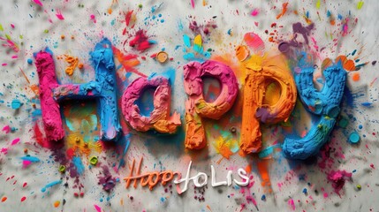 writtten image of the word " Happy HOLI" with crusive theme background