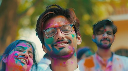Young Indian people wearing white kurta holding pichkari celebrating holi festival at park outdoor, Two Adult male friends Face painted with colorful powder color or gulal