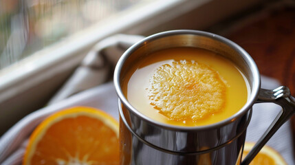 An oldfashioned thermos holds freshly squeezed orange juice perfect for toasting to the new day.