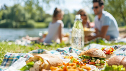 A family enjoys a light and refreshing picnic lunch by the river consisting of chicken salad wraps cucumber sandwiches and sparkling water.