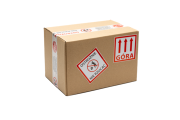 Opakowanie karton z taśmą z nadrukiem Ostrożnie nie rzucać.