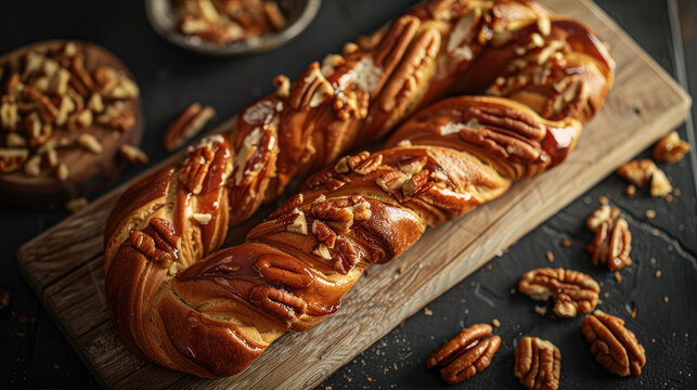 Freshly baked maple pecan plaits on a dark background, Moody and atmospheric setting