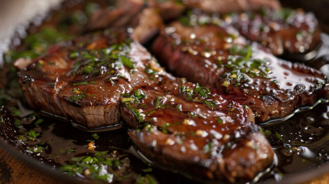 A close-up view of a plate of steak drenched in savory sauce, showcasing the juicy meat and rich flavors.