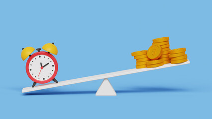 Less time for more money concept. Long term investment or savings, control or make decision concept. Time clock and dollar coins stack on seesaw or balance scale. 3d illustration - obrazy, fototapety, plakaty