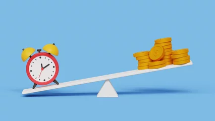 Fotobehang Less time for more money concept. Long term investment or savings, control or make decision concept. Time clock and dollar coins stack on seesaw or balance scale. 3d illustration © DETHAL