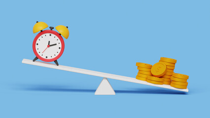 More time for less money concept. Long term investment or savings, control or make decision concept. Time clock and dollar coins stack on seesaw. 3d illustration