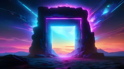 Abstract Portal Stone Gate with Neon Glow: Dark Space Landscape