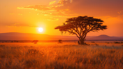 A tree standing tall in the middle of a field at sunset, with a red sky reflecting in the afterglow. The natural landscape is peaceful, with grass swaying gently in the dusk
