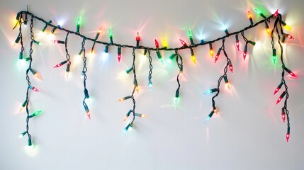 A garland of Christmas lights on a plain white background.